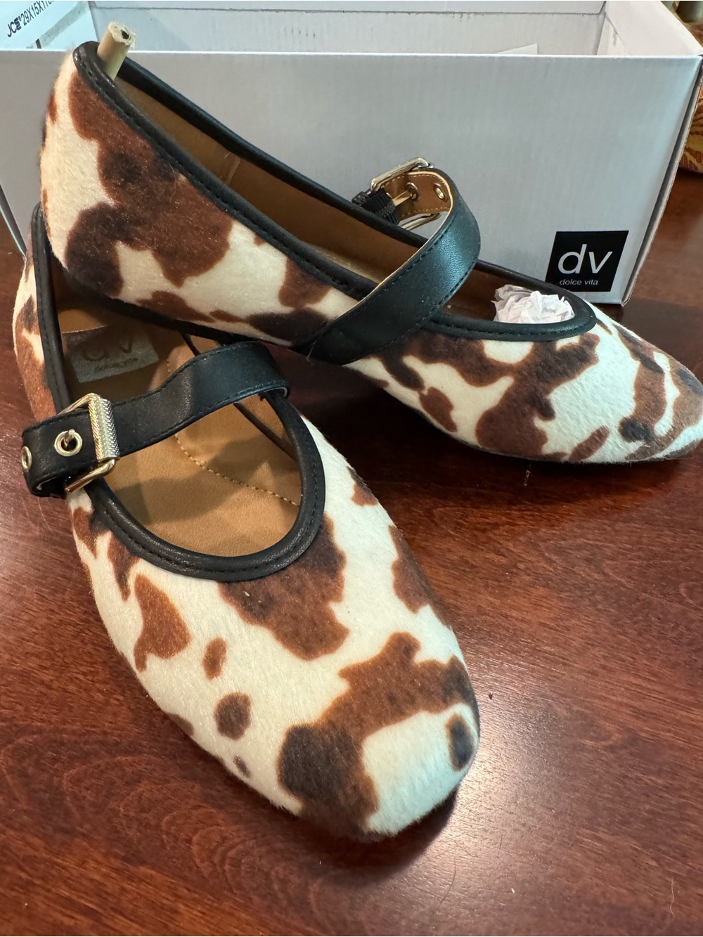 Dolce Vita Women's Brown and White Cow-Print Mary Jane Flats Statement Shoes